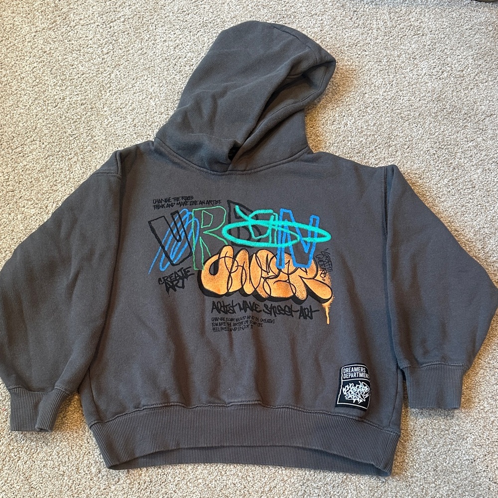 Zara Gray Kids Hoodie with Blue and Orange Graphics